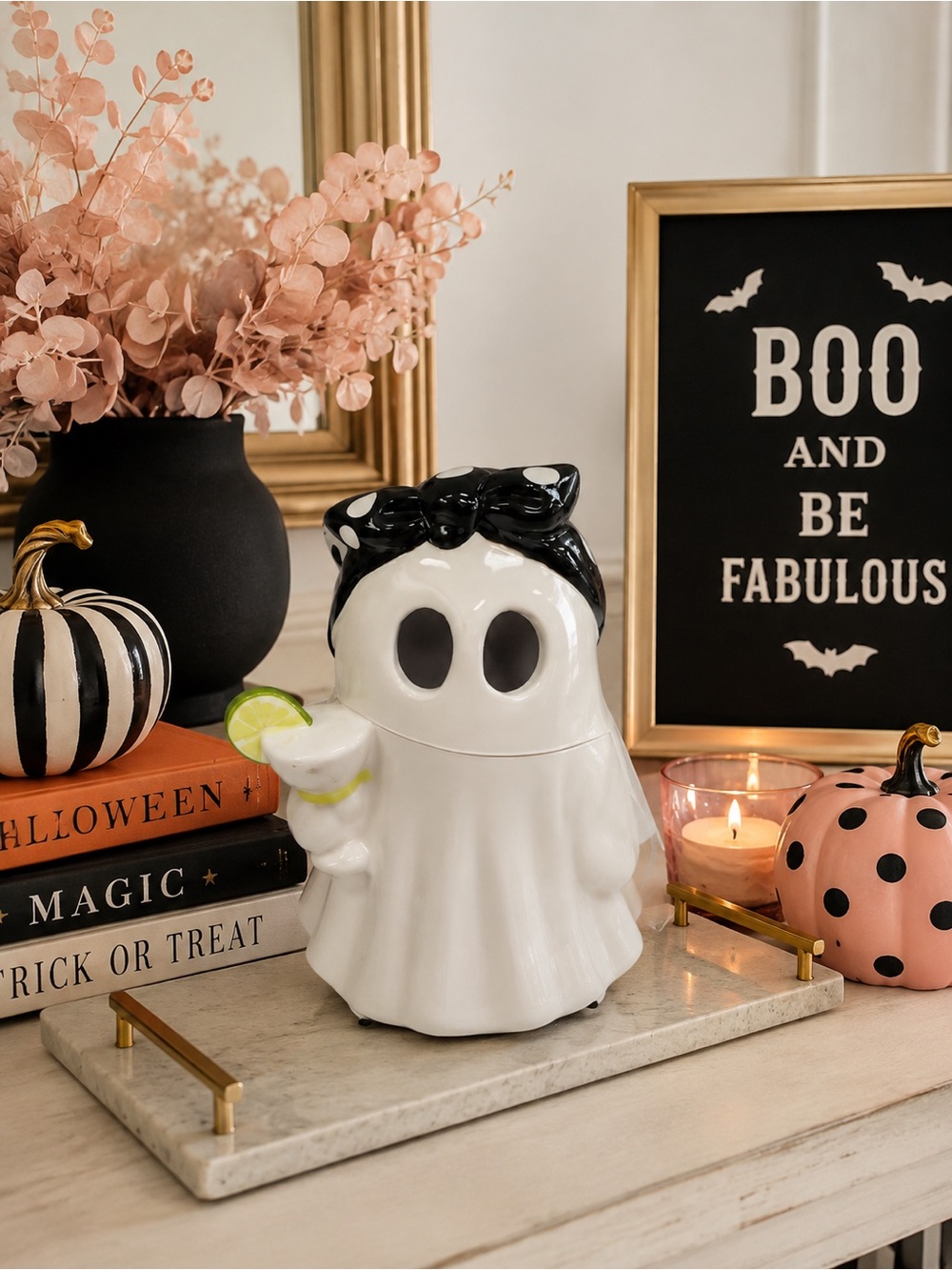 Ceramic Girl Ghost with Black Polka Dot Bow & Lime Halloween Drink